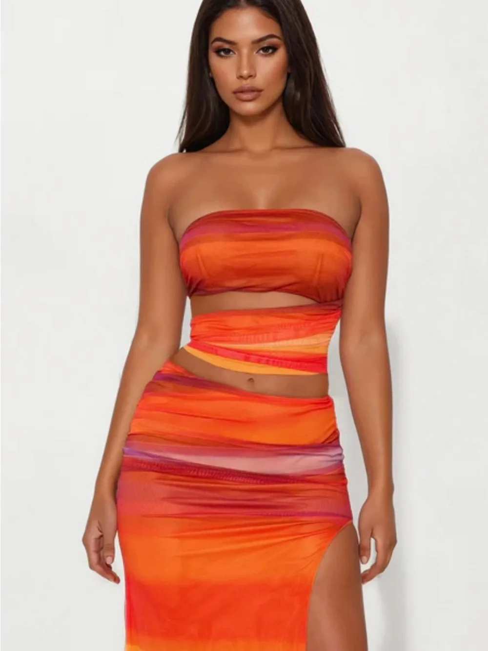 Fashion Nova Orange Multi Strapless Two-Piece Skirt Set
